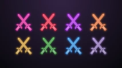 Fotobehang A set of neon sword icons for computer games and cyber sports in different colors blue, orange, yellow, green, red, white, purple and pink on a dark background. © Dmytro
