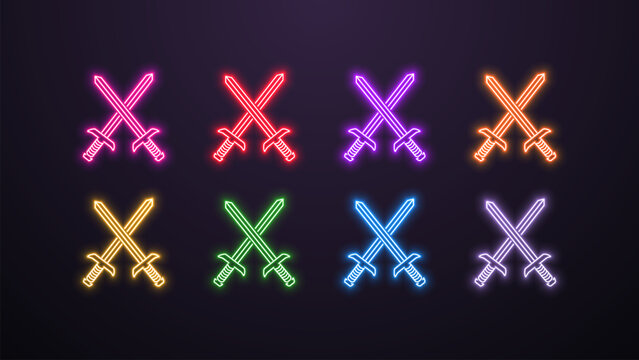 A set of neon sword icons for computer games and cyber sports in different colors blue, orange, yellow, green, red, white, purple and pink on a dark background.