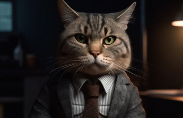Cat dressed in a business suit and wearing glasses