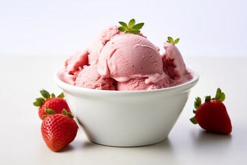 Bowl of homemade organic strawberry ice cream white background