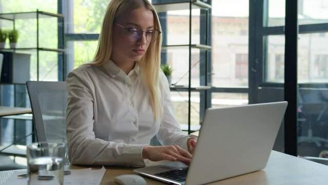 Tired exhausted Caucasian girl businesswoman business employer work with laptop at office computer overworked woman suffer eyestrain dry eyes feel headache take off glasses eyesight discomfort weak