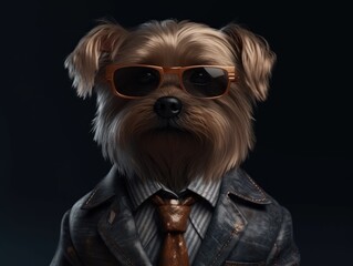 Dog dressed in a business suit and wearing glasses