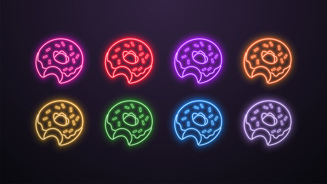 A set of neon cupcake icons in different colors on a dark background. Logo for fast food and sweets.