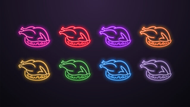 A set of neon bright glowing chickens in different colors on a dark background. Logo for fast food.