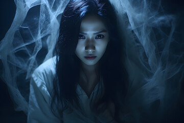 ortrait of asian woman make up ghost,Scary horror scene for background,Halloween festival concept,Ghost movies poster