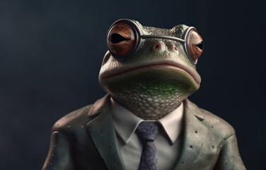 Frog dressed in a business suit and wearing glasses