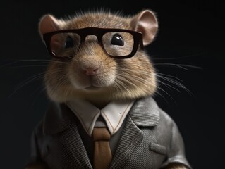 Gerbil dressed in a business suit and wearing glasses