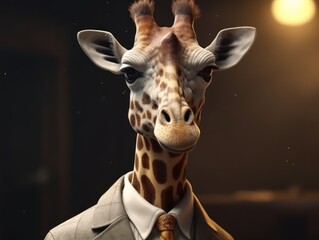 Giraffe dressed in a business suit and wearing glasses