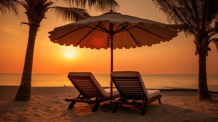 Sunset view, two sun loungers, umbrella under a palm tree