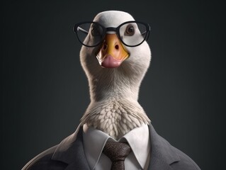 Goose dressed in a business suit and wearing glasses