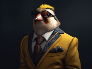 Goldfinch dressed in a business suit and wearing glasses
