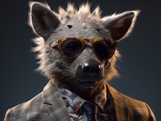 Hyena dressed in a business suit and wearing glasses