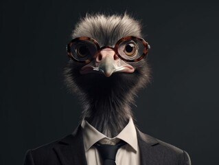 Ostrich dressed in a business suit and wearing glasses