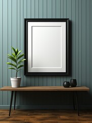 wooden black frame mock up hanging on modern light green wall beside plant and pot