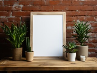 wooden frame mock up leaning against the wall beside plant and pot with brick exposed background