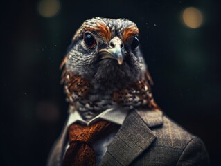 Quail dressed in a business suit and wearing glasses