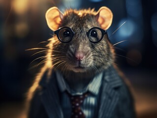 Rat dressed in a business suit and wearing glasses