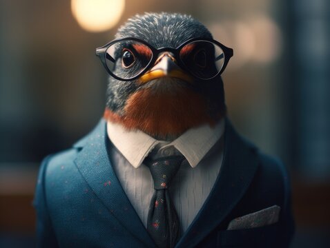 Swallow dressed in a business suit and wearing glasses