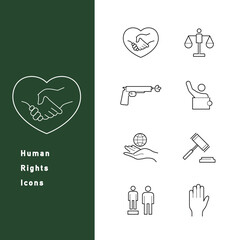 人権・平和・紛争解決に関する線画アイコンのセット