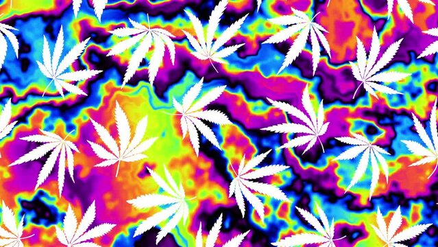 An abstract psychedelic cannabis leaves pattern motion graphic background.. 4k looping footage