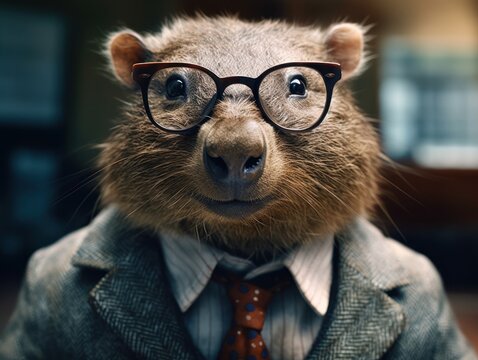 Wombat dressed in a business suit and wearing glasses