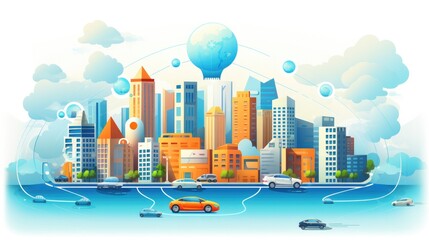 Fototapeta na wymiar Social networking city and town with automation car on the world symbols moving from buildings to cloud using wifi. Vector illustration, penology, communication, generation, modern, generate by AI