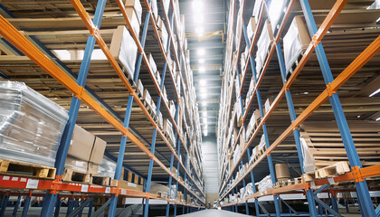 Massive distribution warehouse with high shelves and well-lit. Bottom view.