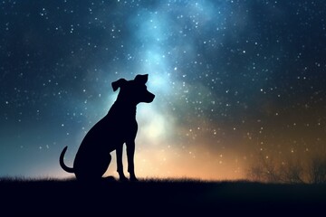 Silhouette of a dog in fog with stars in the night sky. Generative AI