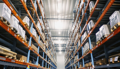 Massive distribution warehouse with high shelves and well-lit. Bottom view.