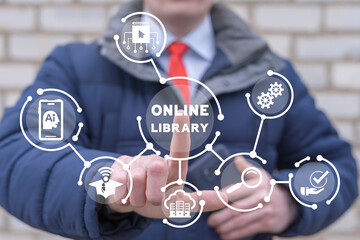 User using virtual touch screen selects inscription: ONLINE LIBRARY. E-learning education concept. Online learning with webinar, video tutorial, internet lessons.