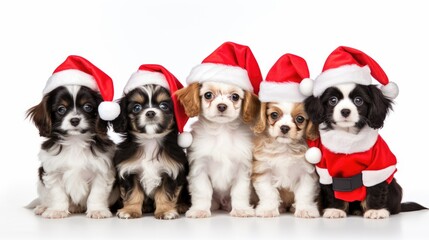 Image of group of puppies pet celebrating christmas wearing santa hat.