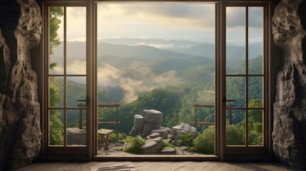 The view from the open window overlooks the cliff with the valley below
