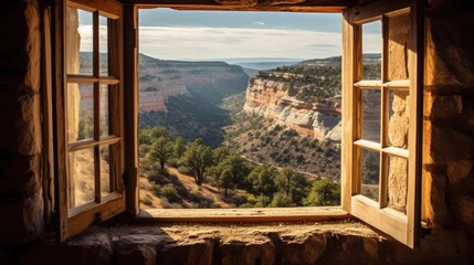 The view from the open window overlooks the cliff with the valley below - obrazy, fototapety, plakaty