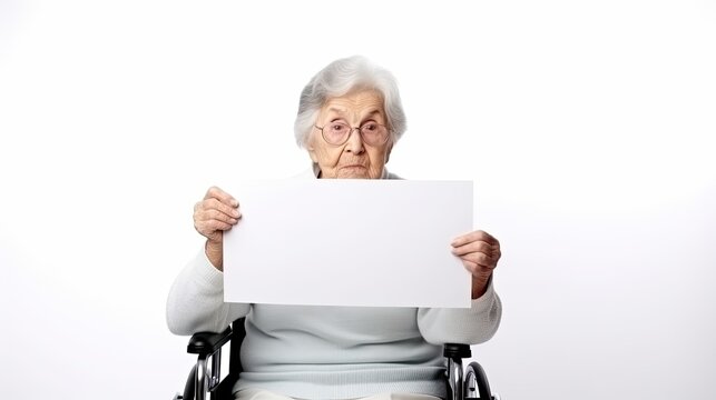 Portrait of senior woman in wheelchair holding blank messageboard, feeling sad and looking at camera isolated over white background.