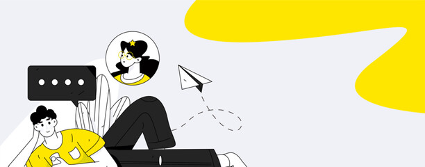 Virtual characters social communication concept business flat vector hand drawn illustration
