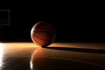 Basketball rests on court in spotlight. Generative AI