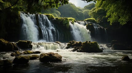 Fototapeta na wymiar the waterfall flows with splashing drops, in sunny weather