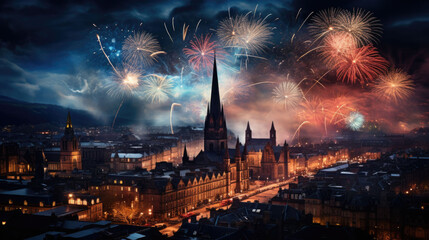 New Year's Eve fireworks over a city at night - obrazy, fototapety, plakaty