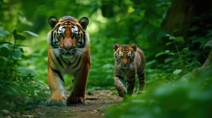 Tiger with cub walking in green nature