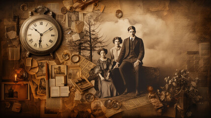 An old photo of a family. Past times concept