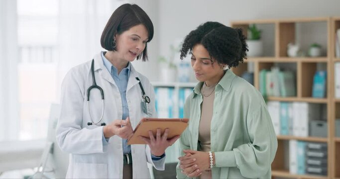 Results, tablet or doctor with patient for online research for medicine data, healthcare or feedback info. Happy woman, news or medical professional browsing on technology for telehealth in hospital