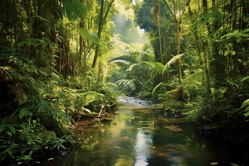 Tropical rainforest with lush trees and rivers in summer. Generative AI