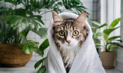 Cute wet cat wrapped in white towel after a bath in a bathroom with houseplants