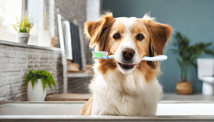 Cute dog sitting in a bathroom holding toothbrush in mouth - obrazy, fototapety, plakaty