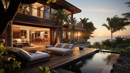 Fototapeta premium Tropical villa view with garden and open living room at sunset