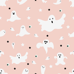 Seamless Halloween pattern with ghosts Spooky repeat wallpaper Funny halloween monsters on pink background Halloween party  Gift wrapping paper fabric design Vector illustration