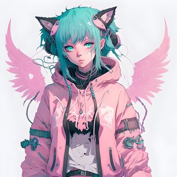 Pink and cyan shirt pastel colors girl delicate cross and devil accessories cat ears pendant eyes fur oversized jacket collar punk sickly cute cool medicine capsule white mesh black hair high 