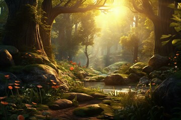 Mysterious woodland with sunbeams, lush vegetation and enchanting ambiance. Captivating 3D artwork. Generative AI - obrazy, fototapety, plakaty