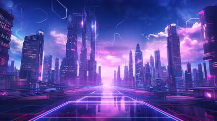 Fototapeta na wymiar Cybernetic Metropolis: Synthwave 3D City with Neon Lights, Holograms, and Aerial View in Pink and Purple Hues