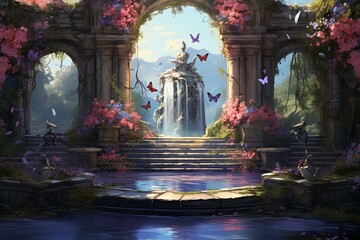 An artwork of a fountain, flowers, and butterflies in a garden with an arch in the background and a flying butterfly. Generative AI